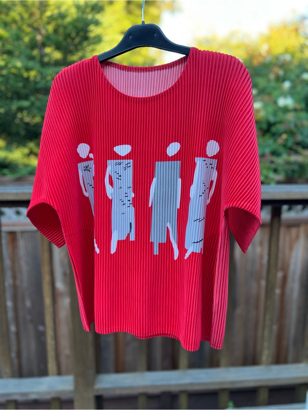 Red Pleated Top with Abstract Grey Figure Print